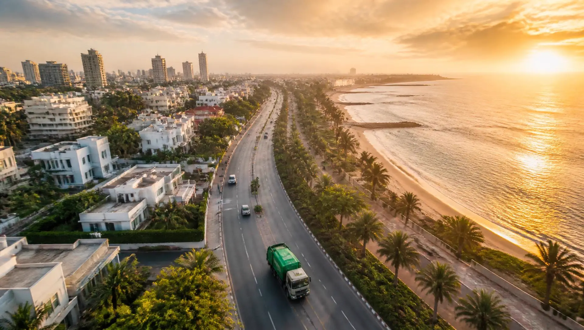 Aerial view of a clean coastal Ghanaian city at sunrise with a collection truck on the boulevard
